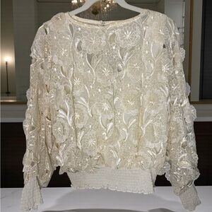 Andree Gaye Vintage 60s Cream Lace Dolman Sleeve Blouse Medium Floral Antique